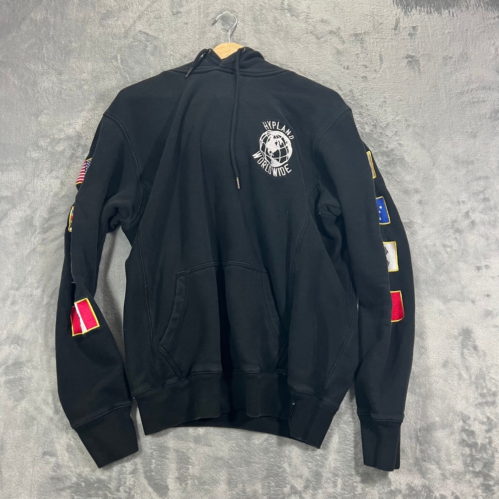 Hypland Worldwide Flag Patch Hoodie Mens M Black Good Embroidered Globe Logo